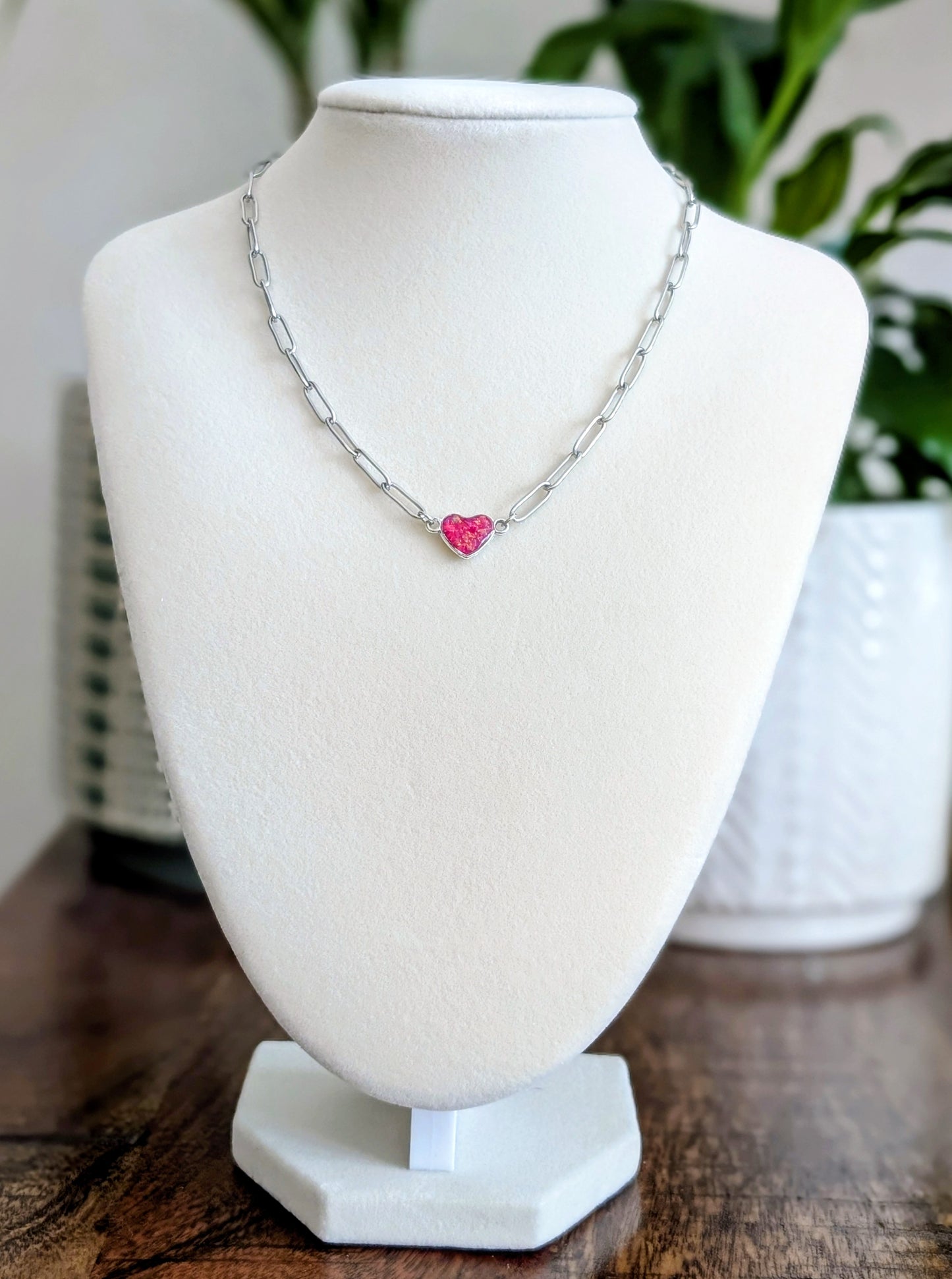 Silver Puffy Heart Chain Necklace - Pink Lab Grown Opal
