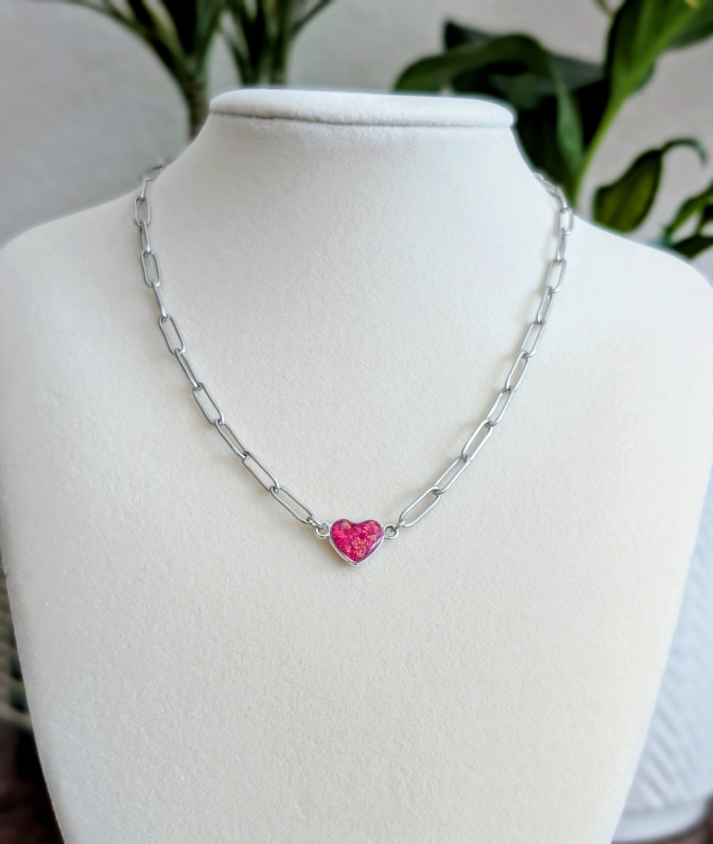 Silver Puffy Heart Chain Necklace - Pink Lab Grown Opal