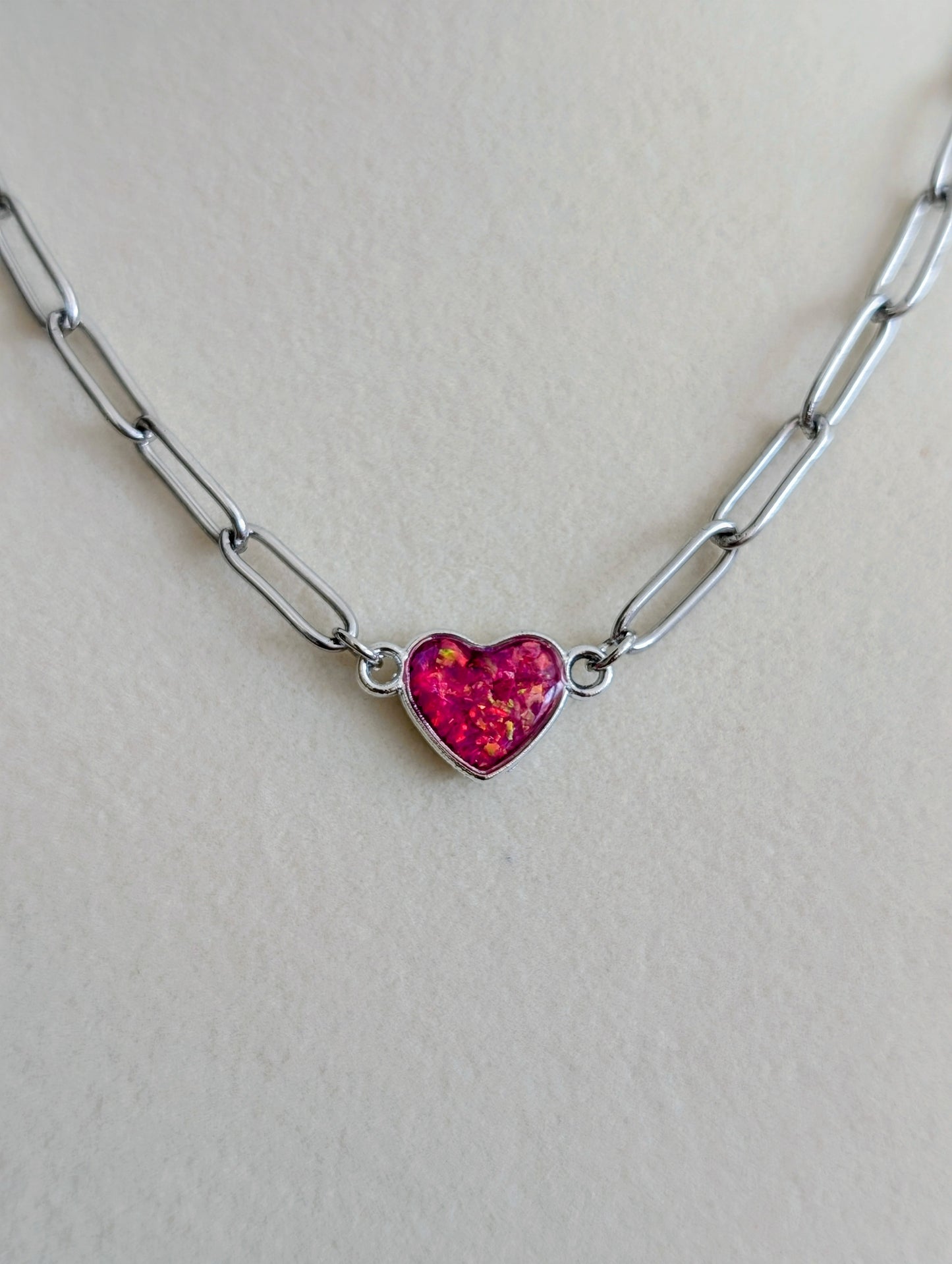 Silver Puffy Heart Chain Necklace - Pink Lab Grown Opal