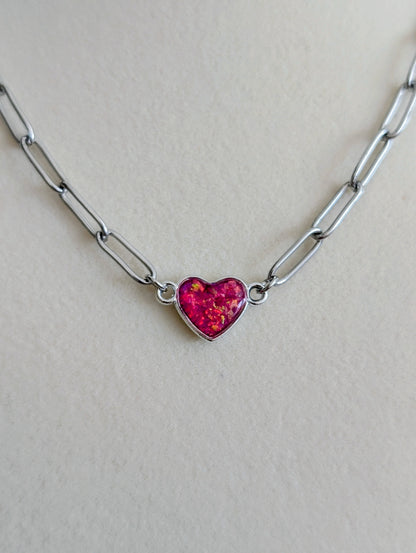 Silver Puffy Heart Chain Necklace - Pink Lab Grown Opal