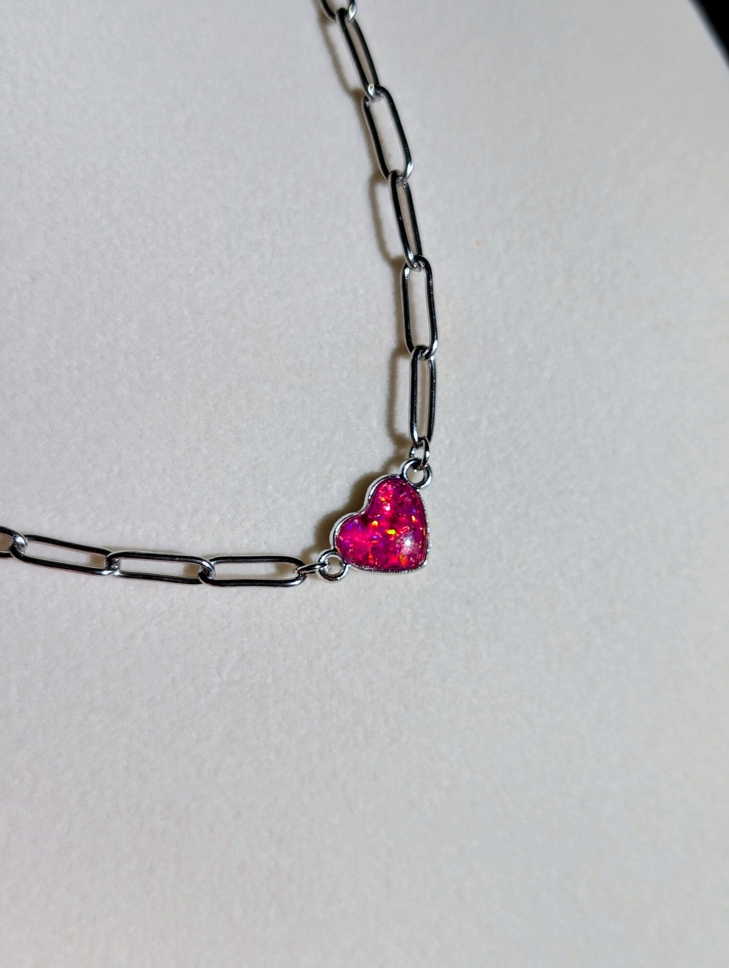 Silver Puffy Heart Chain Necklace - Pink Lab Grown Opal