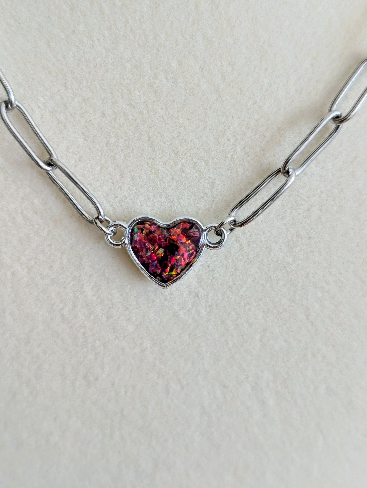 Silver Puffy Heart Chain Necklace - Strawberry Pink Lab Grown Opal