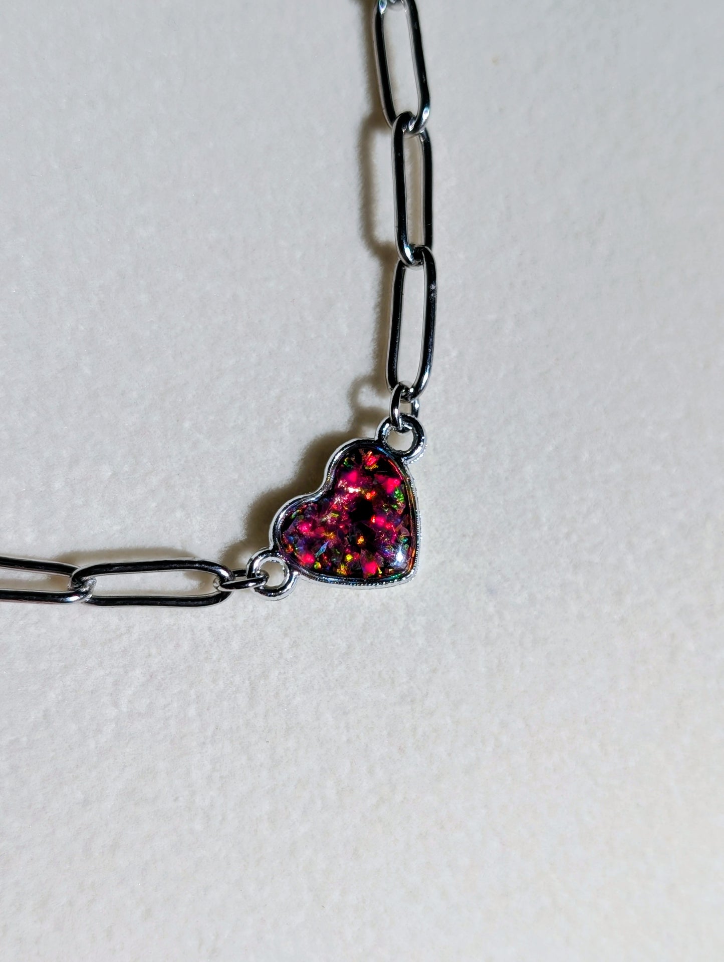 Silver Puffy Heart Chain Necklace - Strawberry Pink Lab Grown Opal