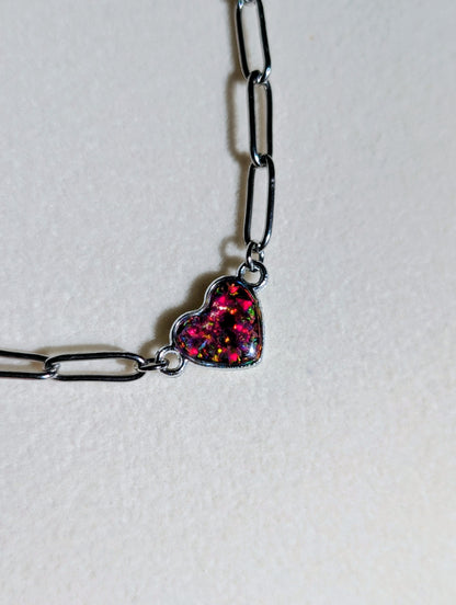 Silver Puffy Heart Chain Necklace - Strawberry Pink Lab Grown Opal