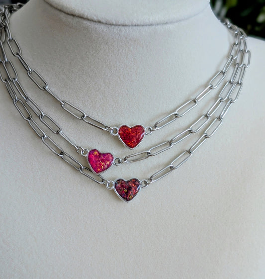 Silver Puffy Heart Chain Necklace - Pink Lab Grown Opal
