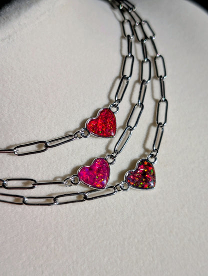 Silver Puffy Heart Chain Necklace - Strawberry Pink Lab Grown Opal