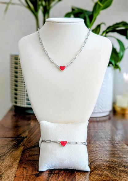 Silver Puffy Heart Chain Necklace - Cherry Red Lab Grown Opal
