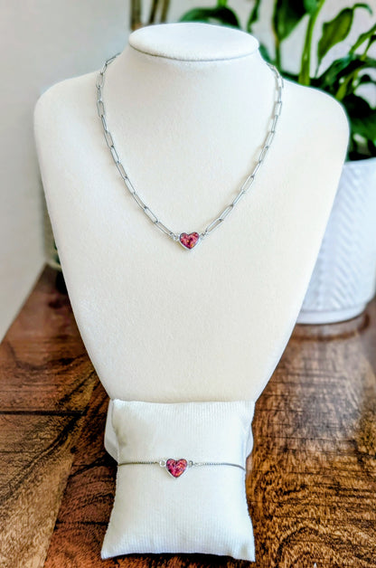 Silver Puffy Heart Chain Necklace - Strawberry Pink Lab Grown Opal