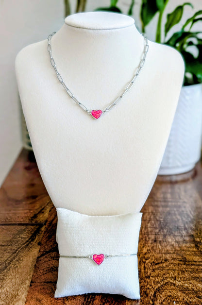 Silver Puffy Heart Chain Necklace - Pink Lab Grown Opal