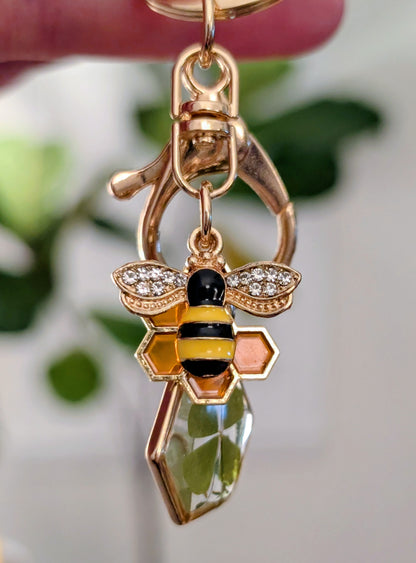Real Four Leaf Clover & Bee Charm Keychain