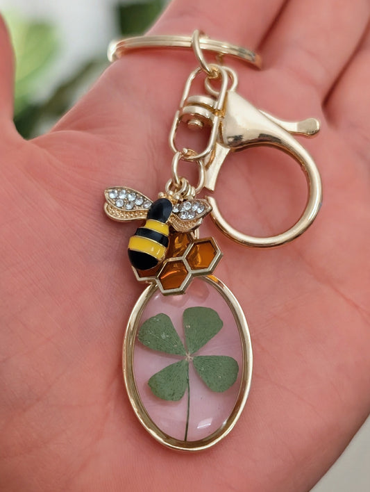 Real Four Leaf Clover & Bee Charm Keychain
