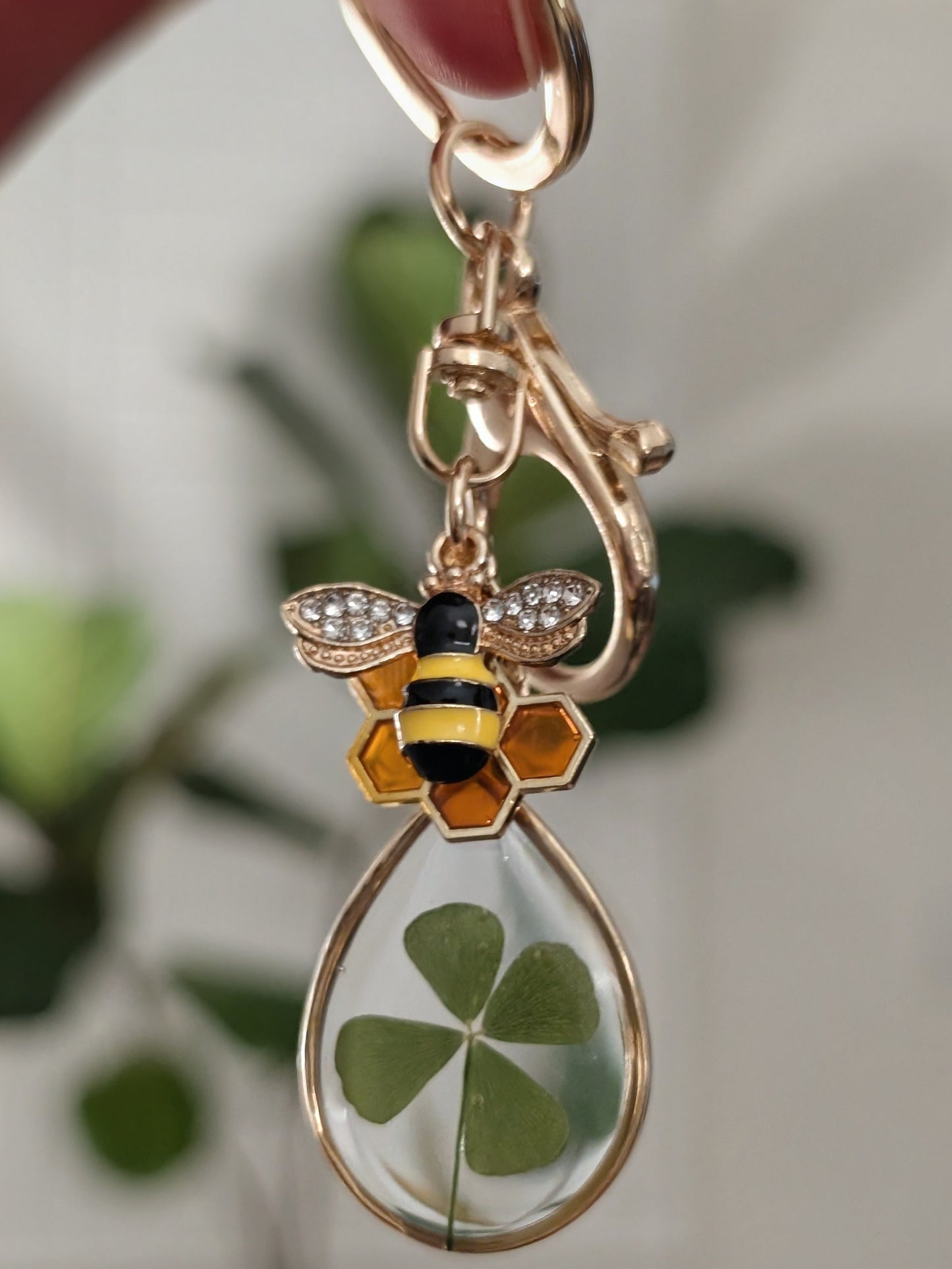 Real Four Leaf Clover & Bee Charm Keychain