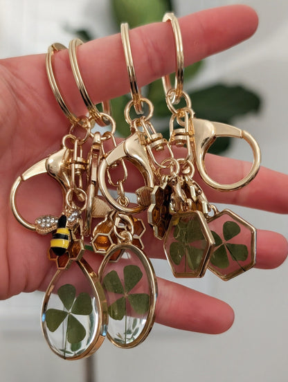 Real Four Leaf Clover & Bee Charm Keychain