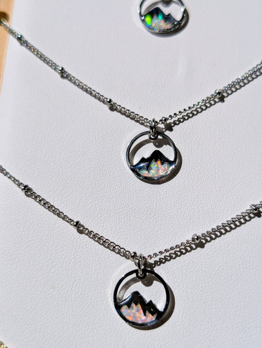 Lab-grown Opal Mountain Pendant Necklace - Sterling Silver Plated