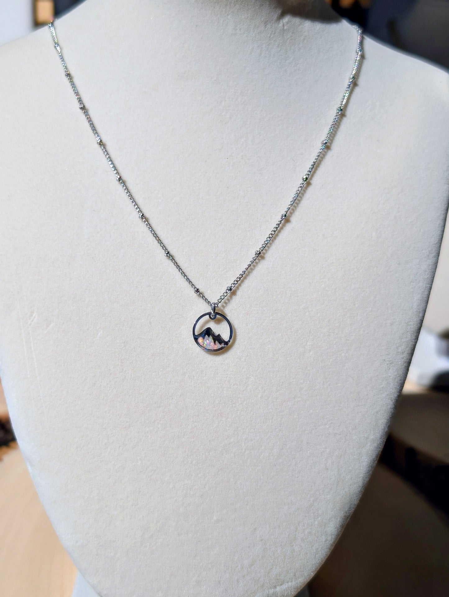 Lab-grown Opal Mountain Pendant Necklace - Sterling Silver Plated