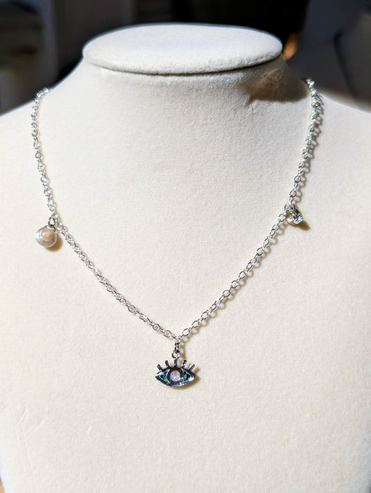 Opal Evil Eye Charm Necklace - Silver Plated