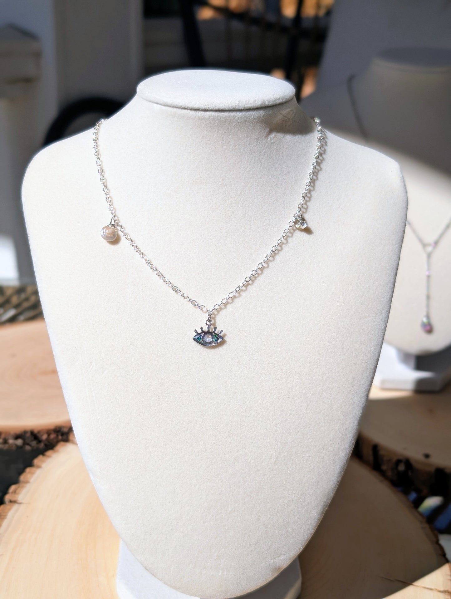 Opal Evil Eye Charm Necklace - Silver Plated