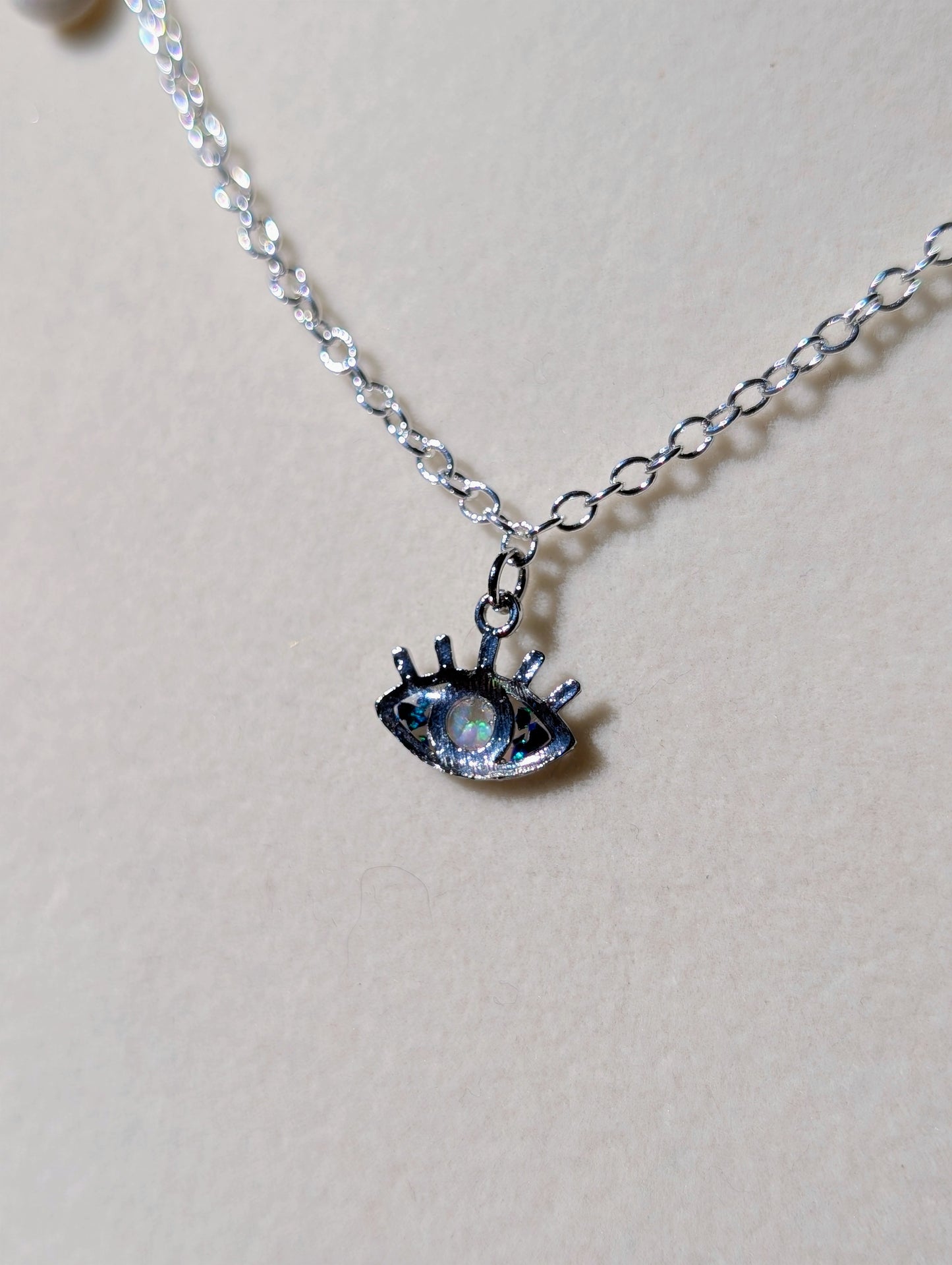Opal Evil Eye Charm Necklace - Silver Plated