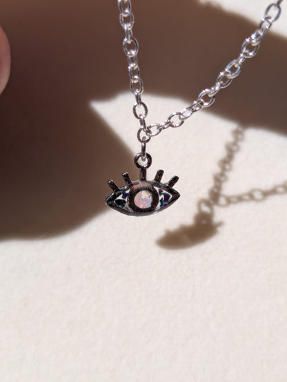 Opal Evil Eye Charm Necklace - Silver Plated