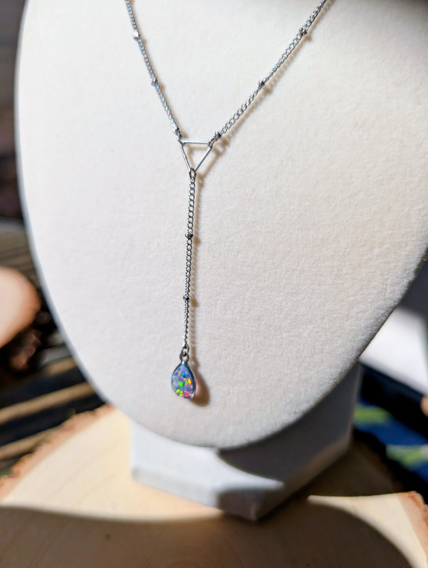 Gold Lariat Opal Teardrop Necklace - Lavender Opal