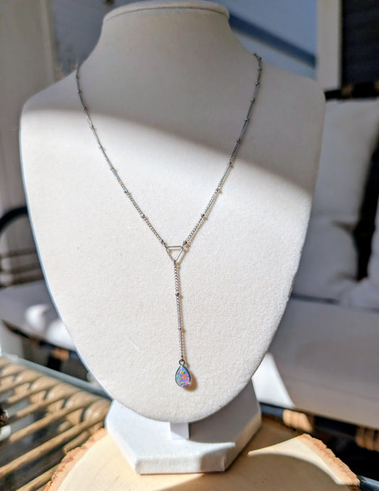 Silver Lariat Opal Teardrop Necklace - Lavender Opal