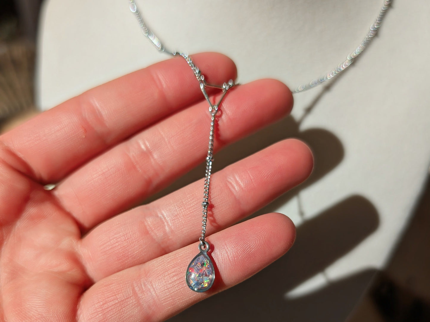 Gold Lariat Opal Teardrop Necklace - Lavender Opal