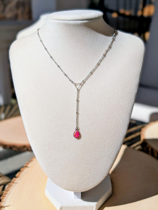 Silver Lariat Opal Teardrop Necklace - Pink Opal