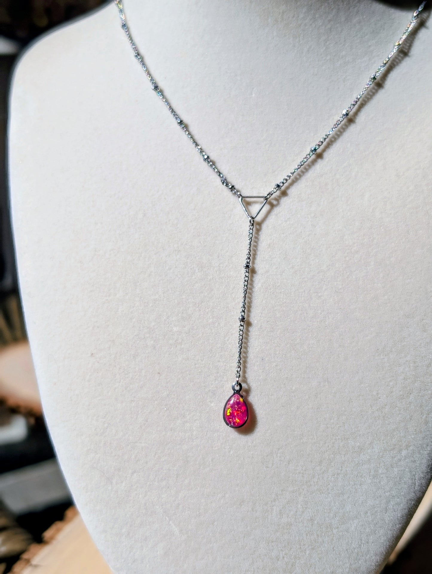 Gold Lariat Opal Teardrop Necklace - Pink Opal