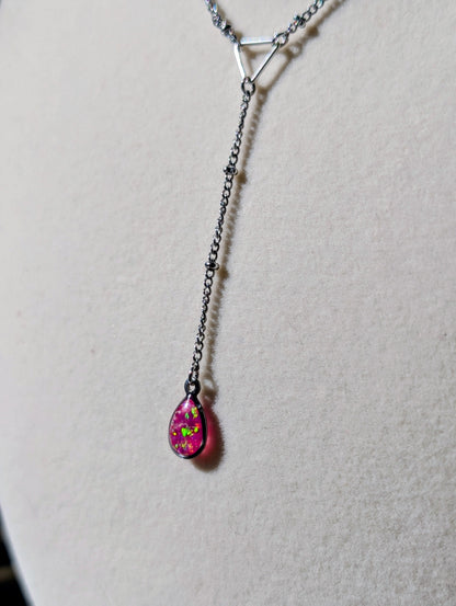 Silver Lariat Opal Teardrop Necklace - Pink Opal