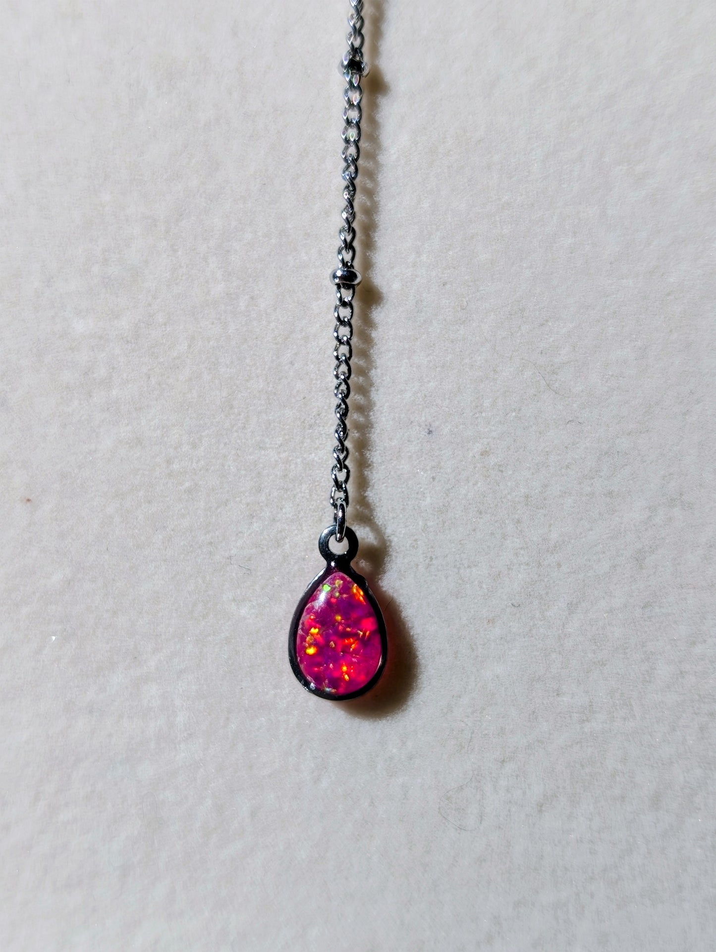 Silver Lariat Opal Teardrop Necklace - Pink Opal