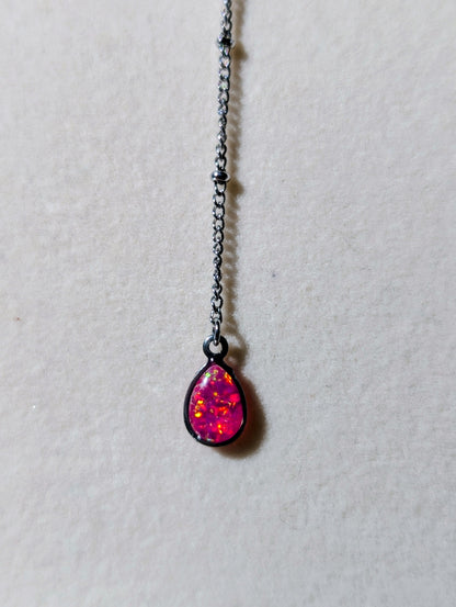 Silver Lariat Opal Teardrop Necklace - Pink Opal