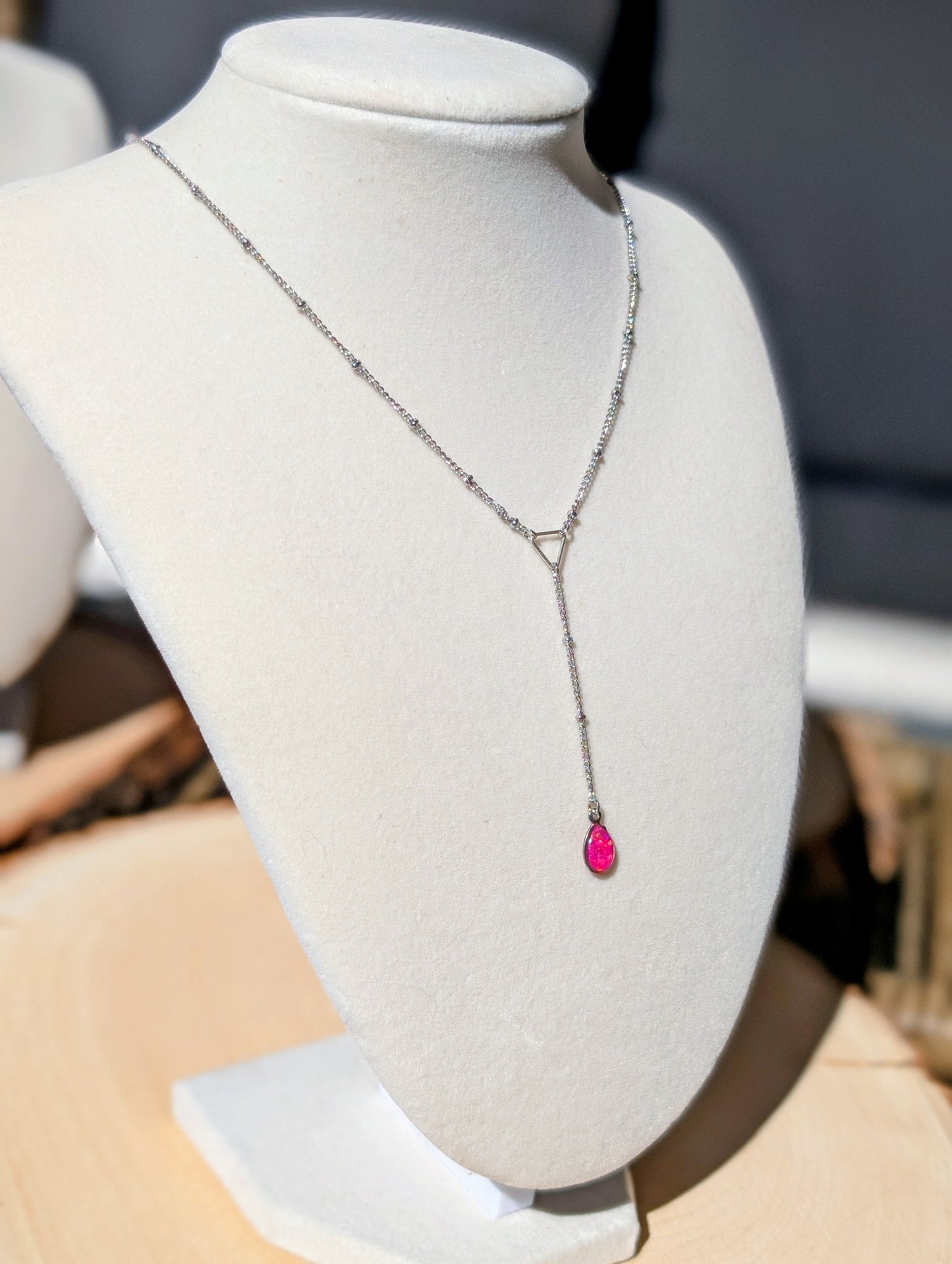 Silver Lariat Opal Teardrop Necklace - Pink Opal