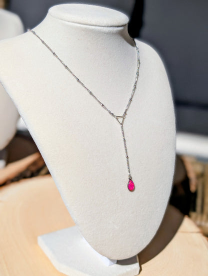 Gold Lariat Opal Teardrop Necklace - Pink Opal