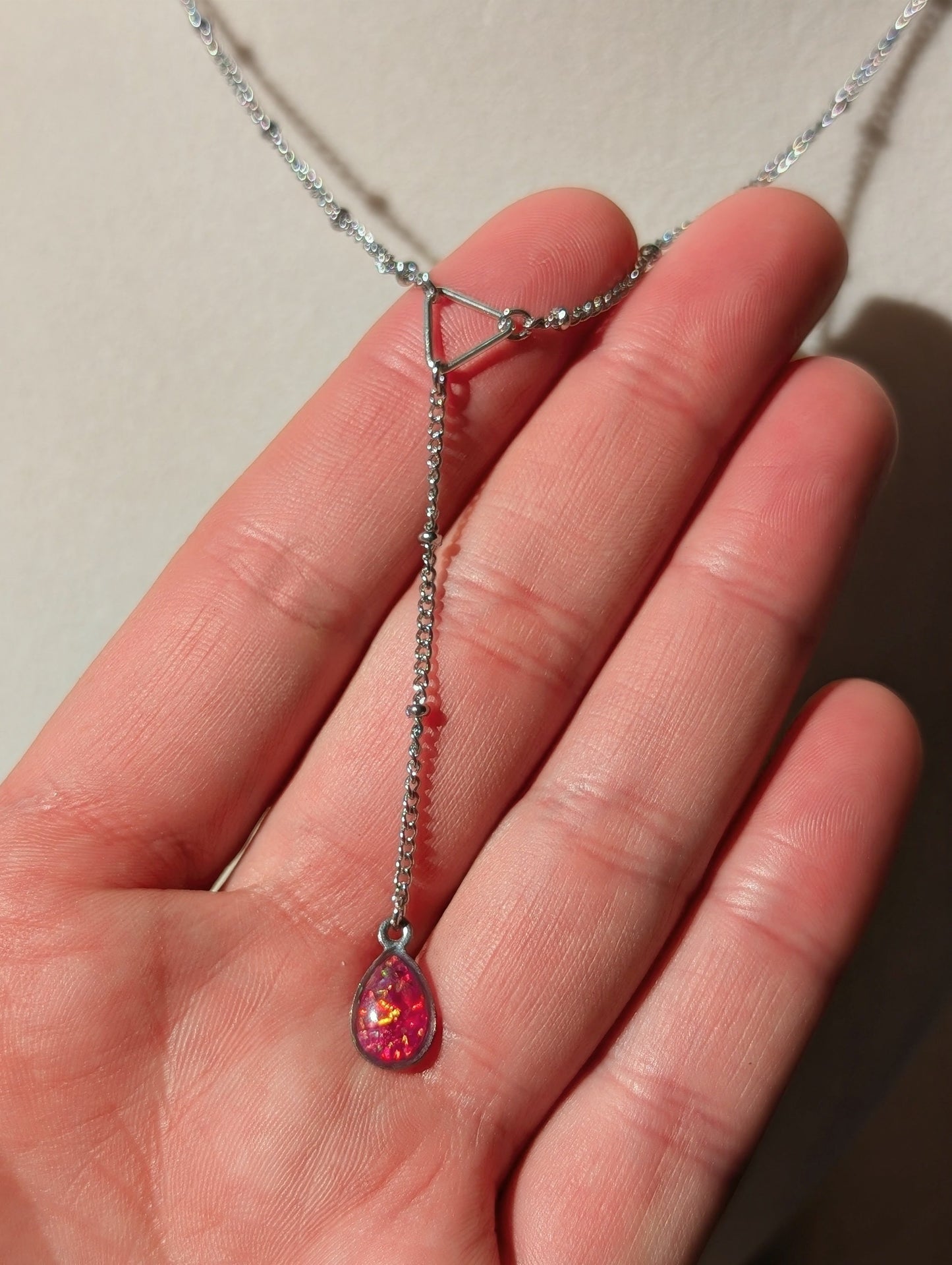 Gold Lariat Opal Teardrop Necklace - Pink Opal