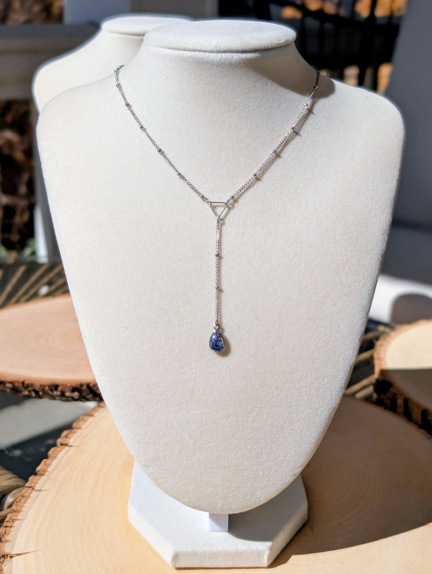 Gold Lariat Opal Teardrop Necklace - Cobalt Blue Opal