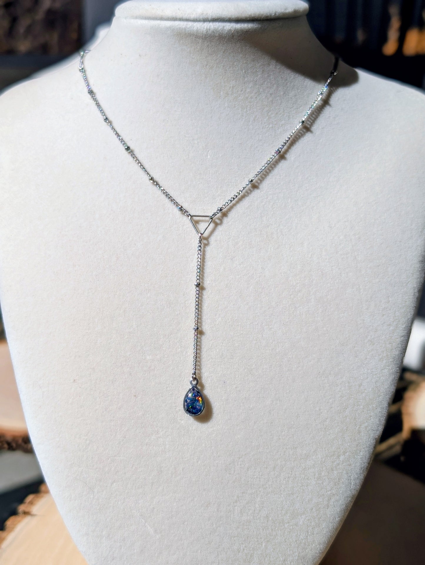 Gold Lariat Opal Teardrop Necklace - Cobalt Blue Opal