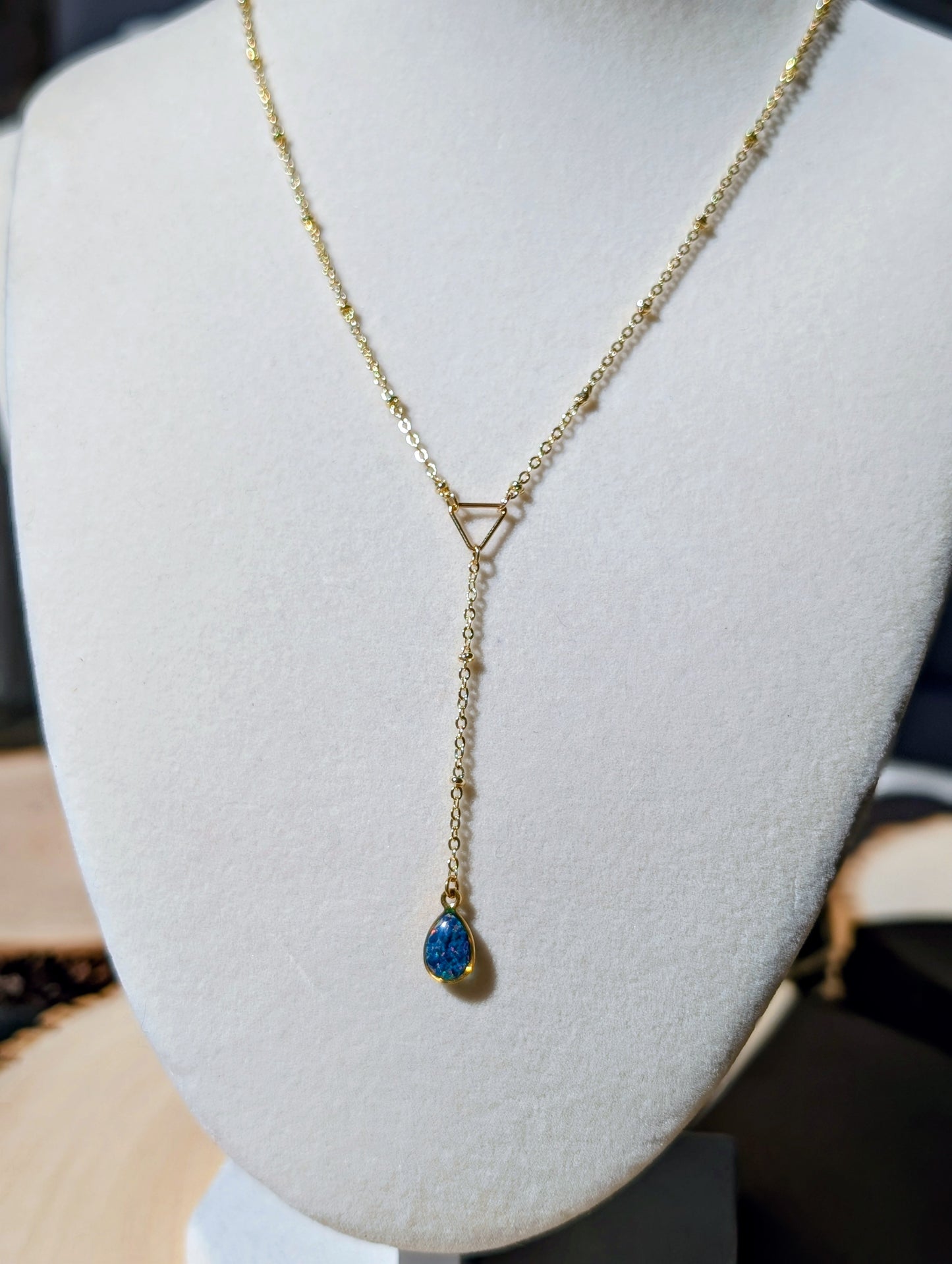 Gold Lariat Opal Teardrop Necklace - Cobalt Blue Opal