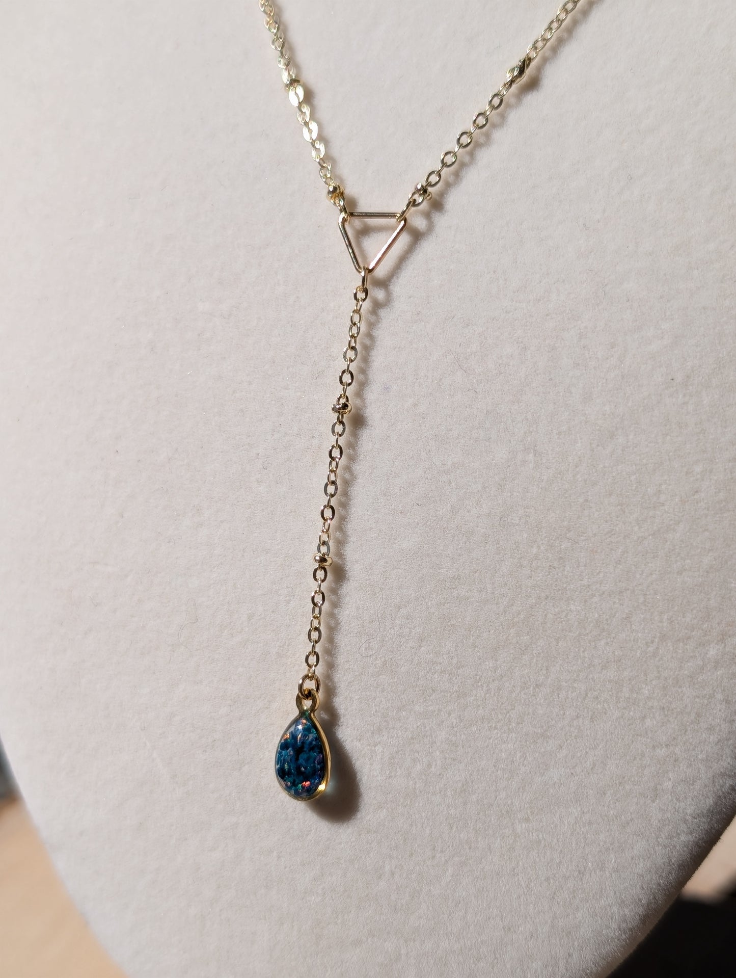 Gold Lariat Opal Teardrop Necklace - Cobalt Blue Opal