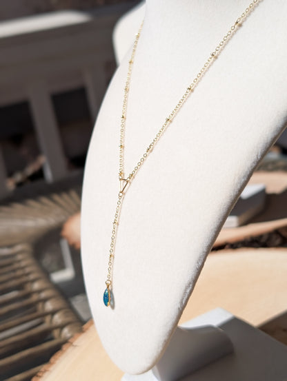 Gold Lariat Opal Teardrop Necklace - Cobalt Blue Opal