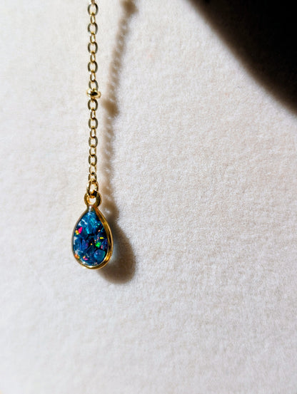 Gold Lariat Opal Teardrop Necklace - Cobalt Blue Opal