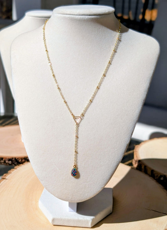 Gold Lariat Opal Teardrop Necklace - Cobalt Blue Opal
