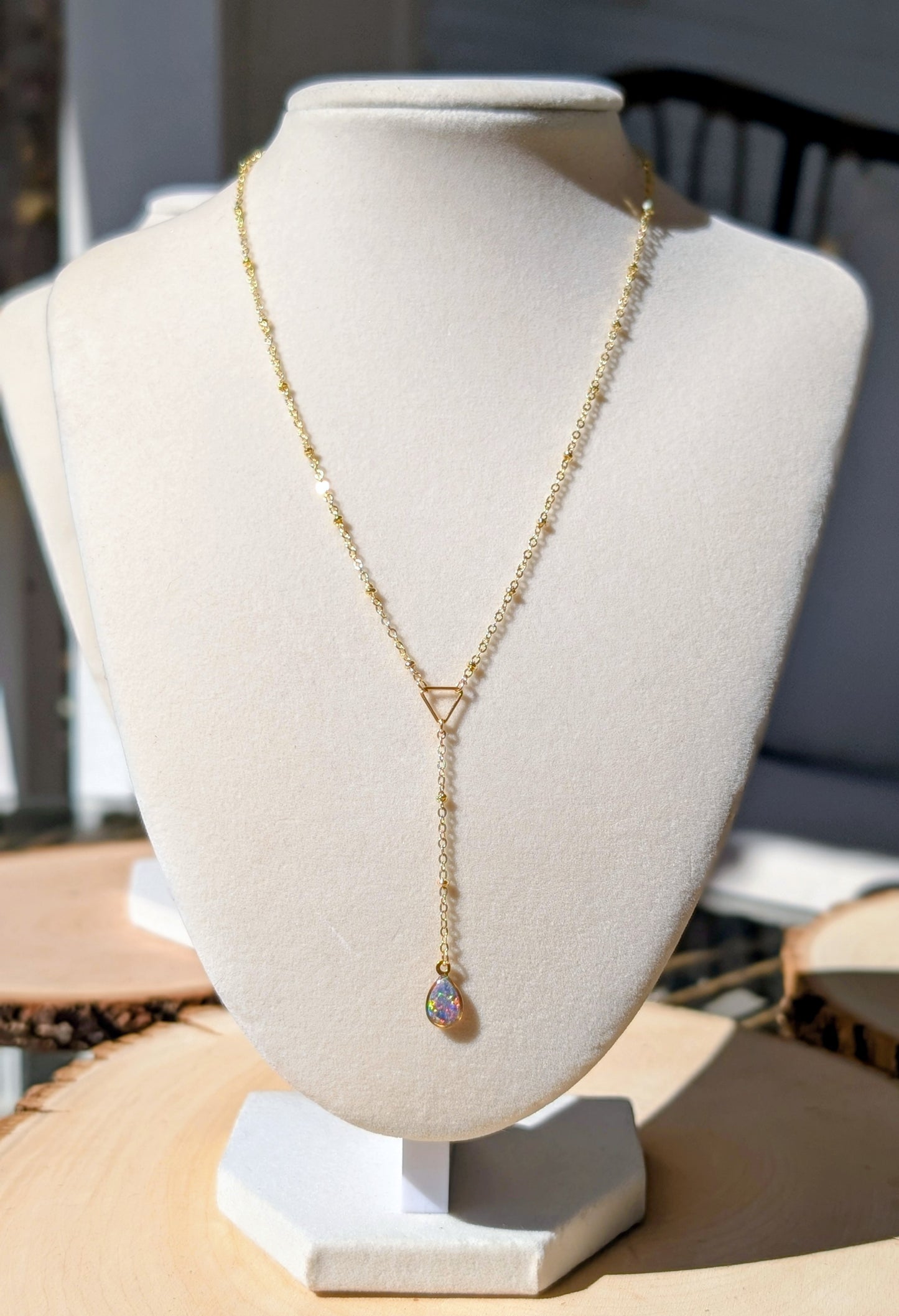 Gold Lariat Opal Teardrop Necklace - Lavender Opal