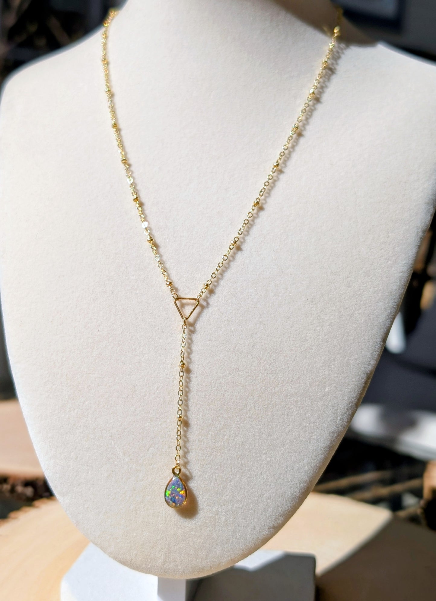 Gold Lariat Opal Teardrop Necklace - Lavender Opal