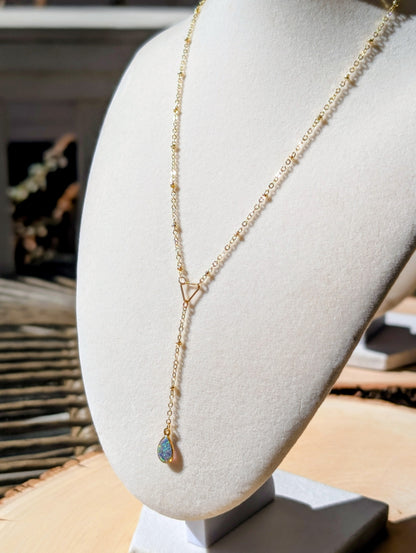 Gold Lariat Opal Teardrop Necklace - Lavender Opal