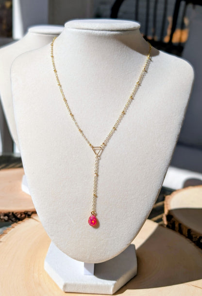 Gold Lariat Opal Teardrop Necklace - Pink Opal
