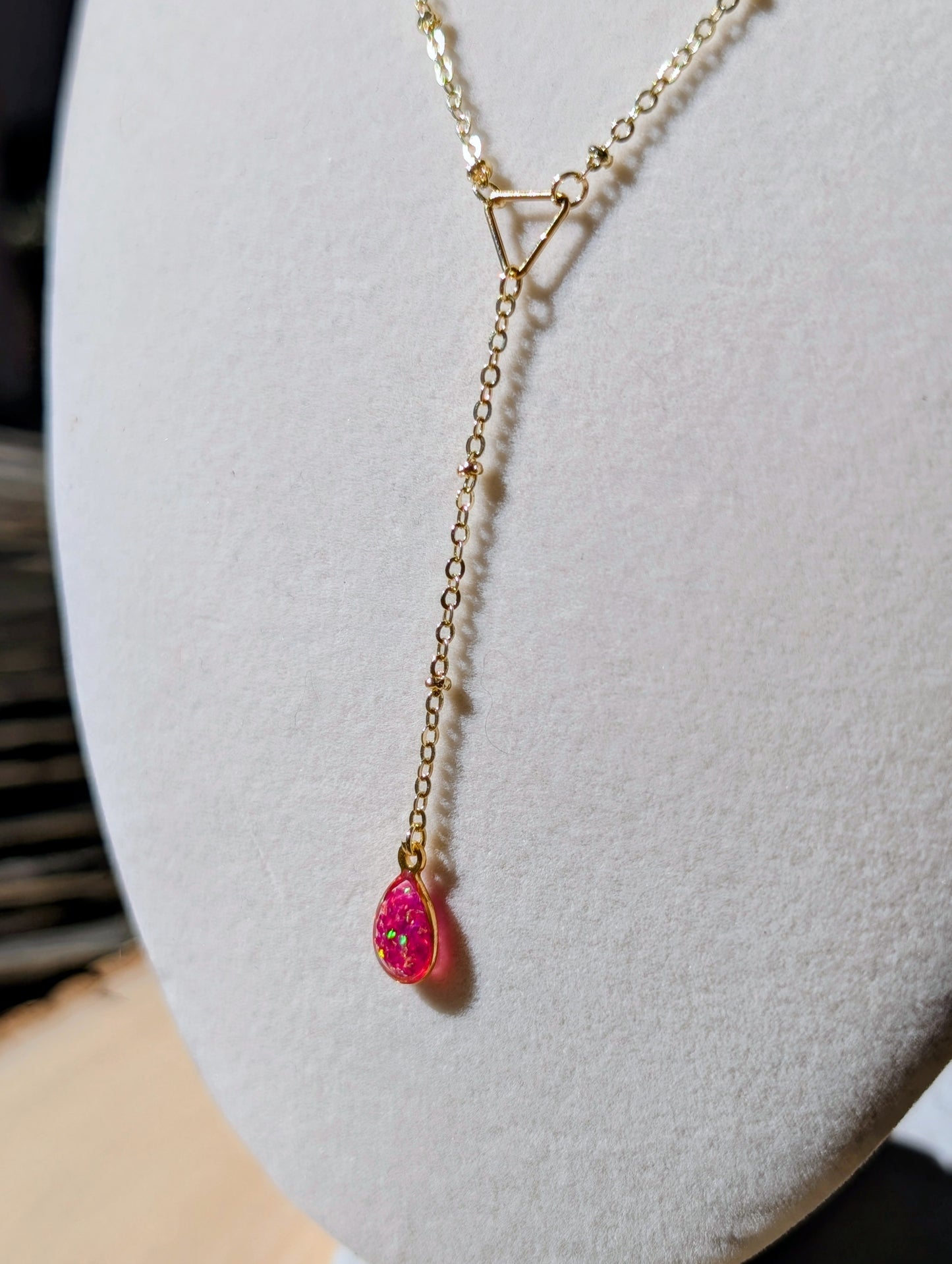 Gold Lariat Opal Teardrop Necklace - Pink Opal