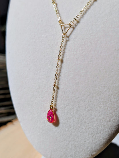 Gold Lariat Opal Teardrop Necklace - Pink Opal