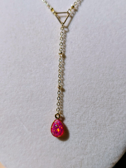 Silver Lariat Opal Teardrop Necklace - Pink Opal