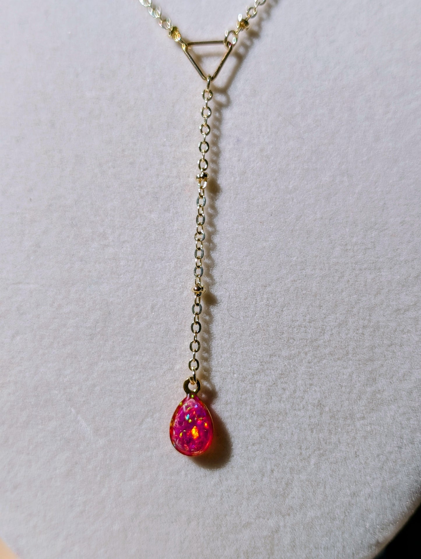 Gold Lariat Opal Teardrop Necklace - Pink Opal