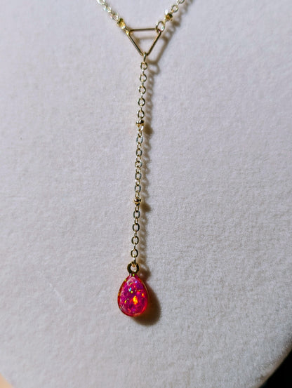 Gold Lariat Opal Teardrop Necklace - Pink Opal